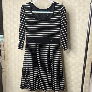 White House Black Market Black and White Striped Fit-And-Flare Midi Dress